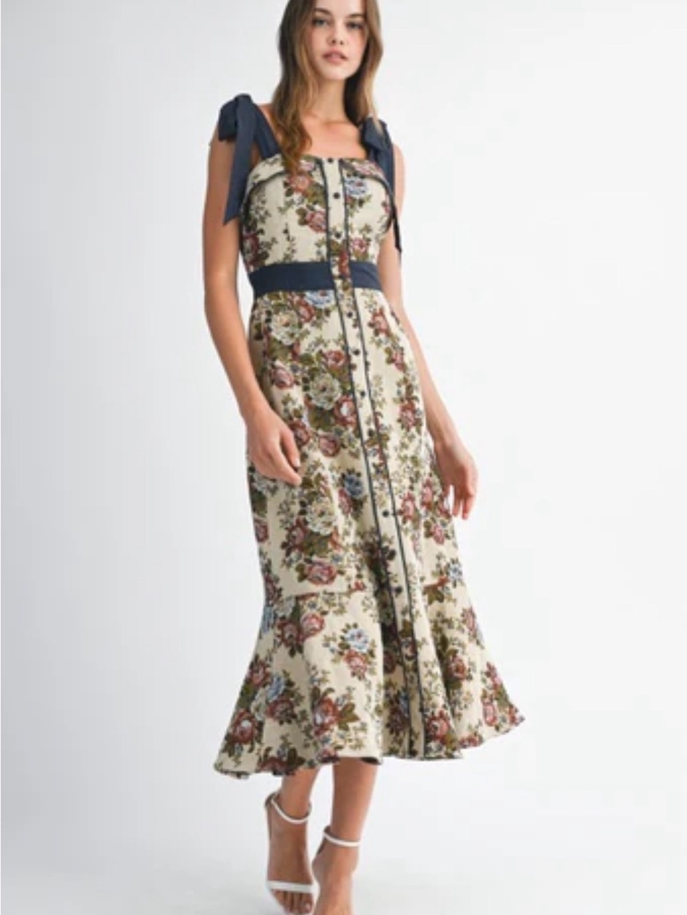 Floral Tie-Shoulder Midi Dress in Cream and Navy